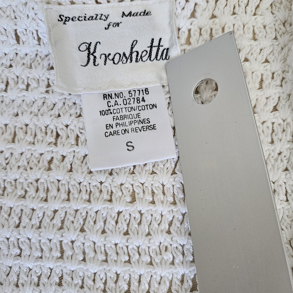 Vtg Y2K Kroshetta Crochet Cardigan Sweater Small Cream Boho Vest Button Front - Picture 5 of 7